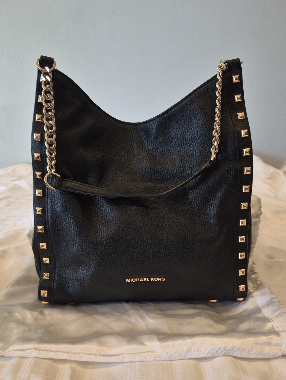 Michael Kors Black Pebbled Leather Studded Shoulder Bag with Gold Chain